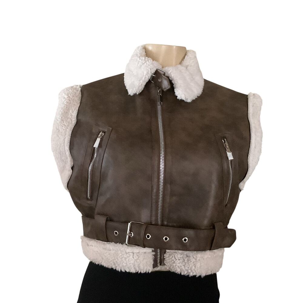 ANWND Brown Faux Shearling Moto Vest Belted Zip Sherpa Lined Women’s Size S NWT